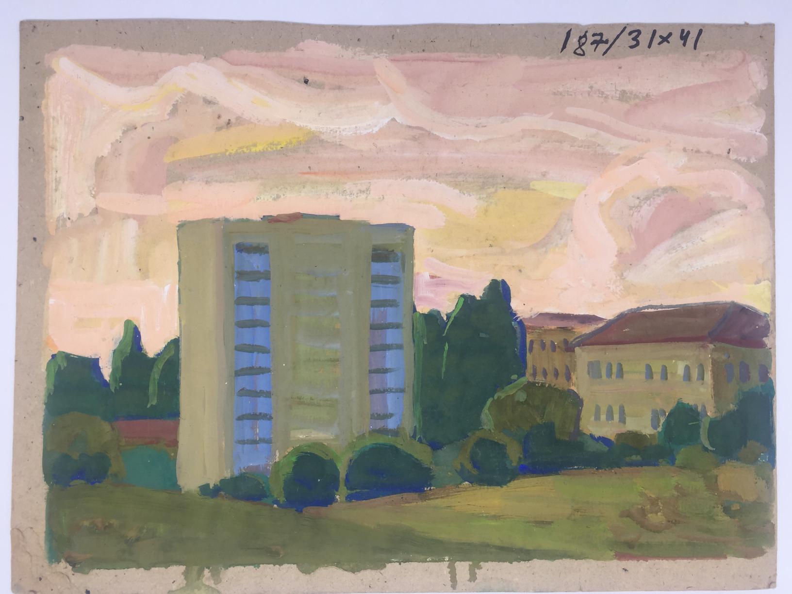 Pastel oil painting of birch grove modern building with blue windows, pink skies