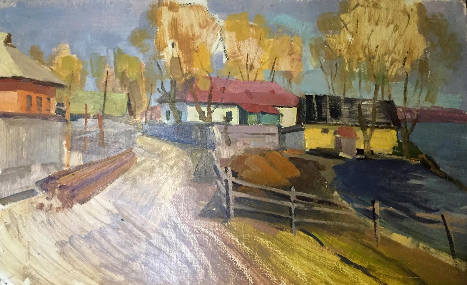 Double oil painting of impressionistic autumn village with warm trees and red roofs