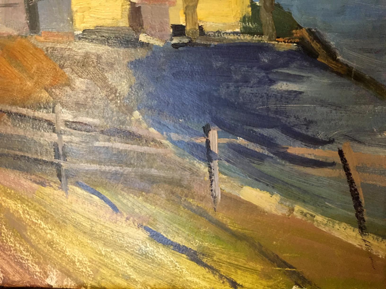 Double oil painting Village: textured rustic wooden fence in earth tones and blues