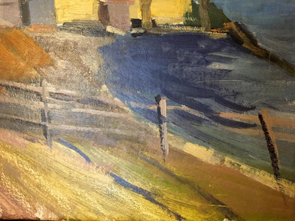 Double oil painting Village: textured rustic wooden fence in earth tones and blues