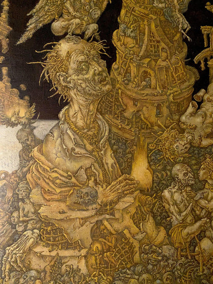 20th century oil painting of grotesque skeletal figure in apocalyptic tapestry by Saint John Litvinov Oleg Arkad’yevich