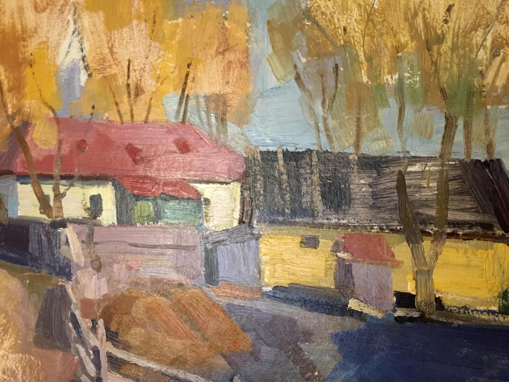 Double oil painting of rustic white village house with vibrant red roof