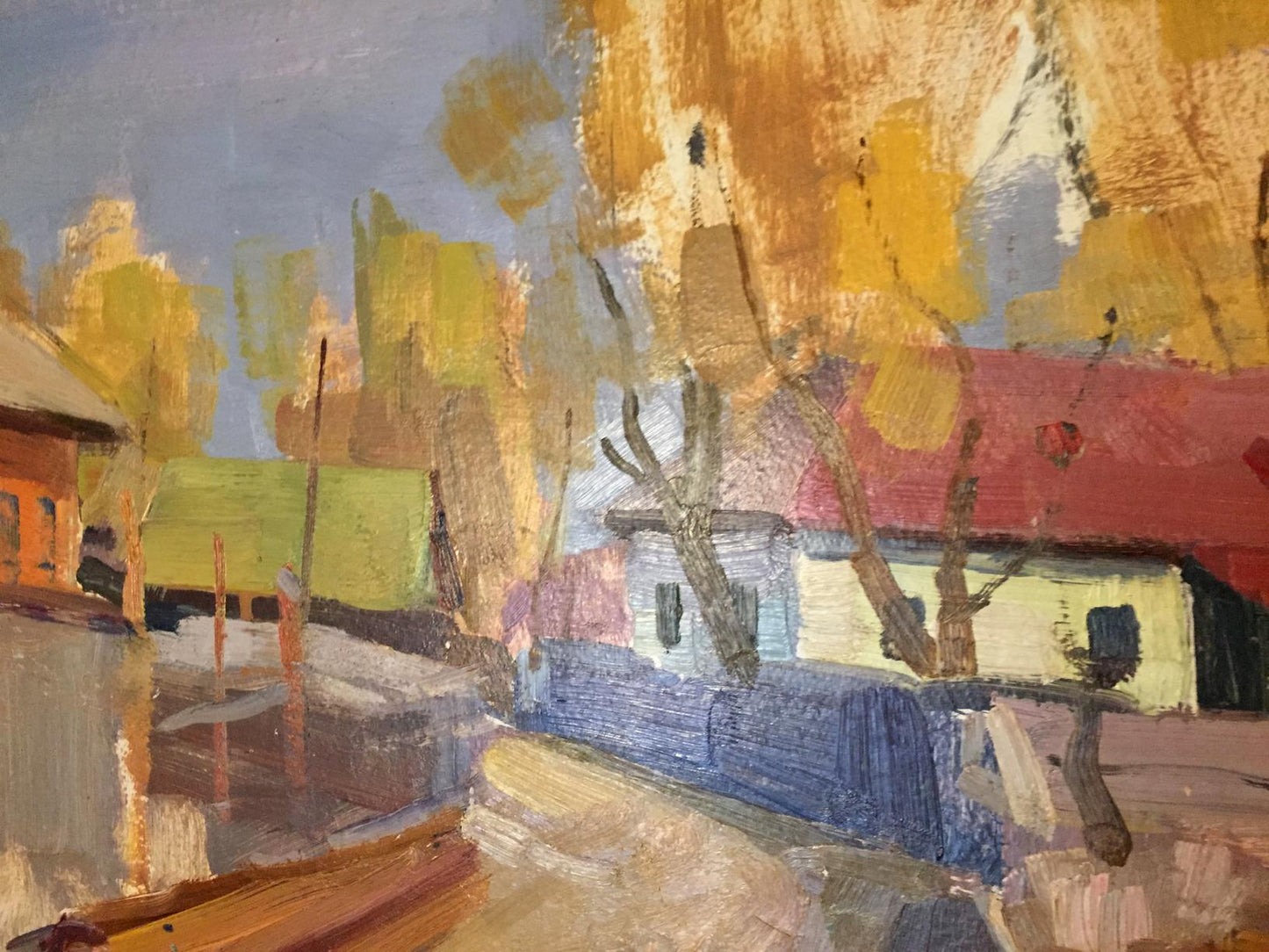 Vibrant double oil painting of impressionistic autumn village street