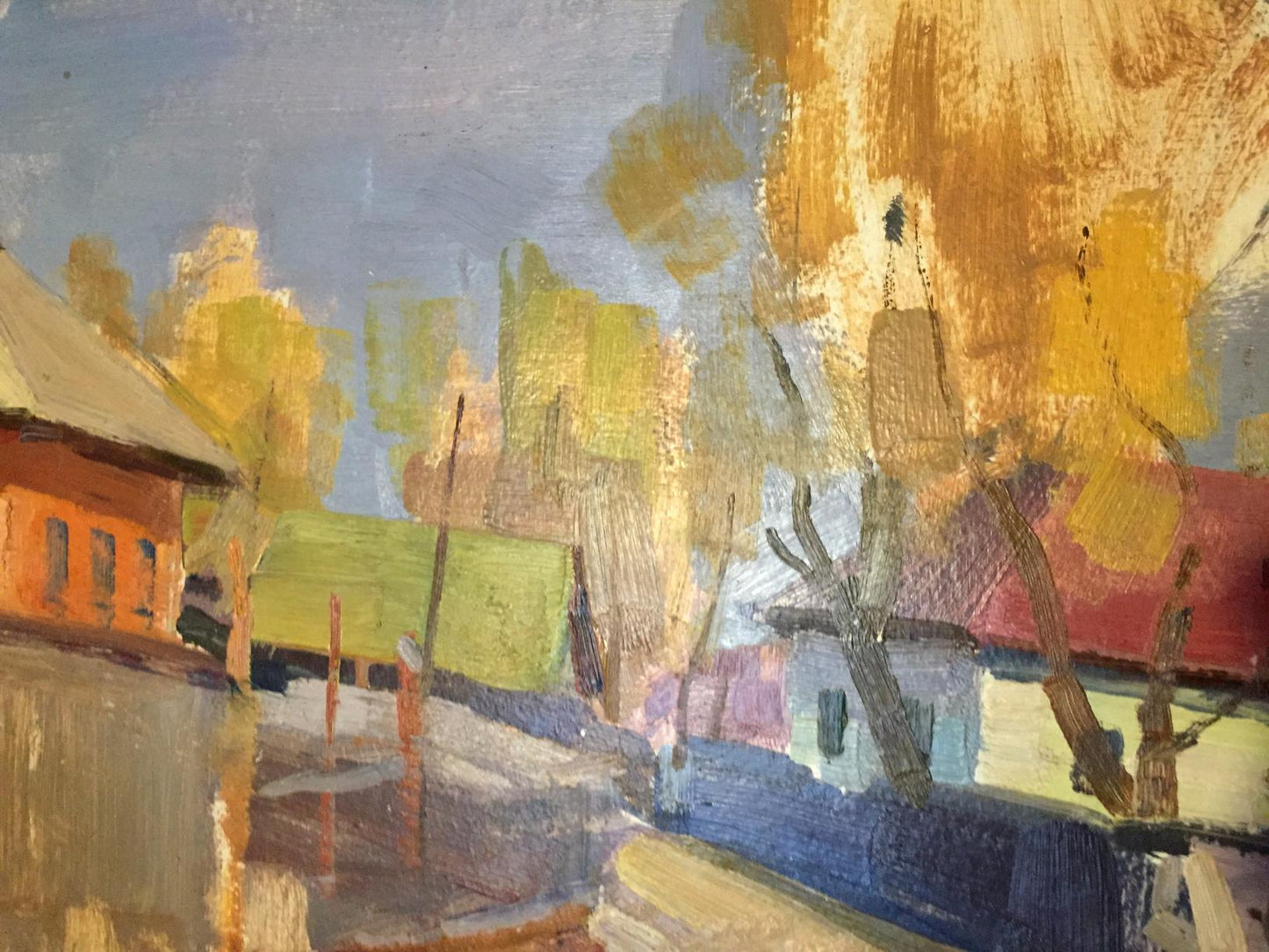 Double oil painting of impressionist village street with autumn trees