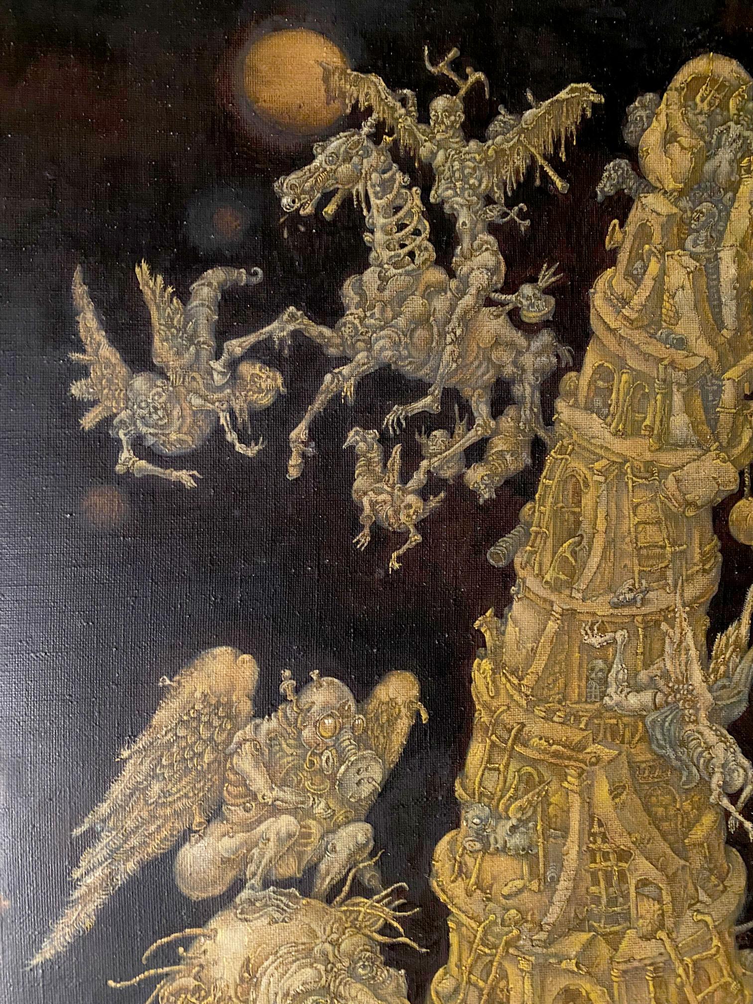 20th century oil painting by Oleg Arkad’yevich Litvinov: golden skeletal winged creatures in apocalyptic motion