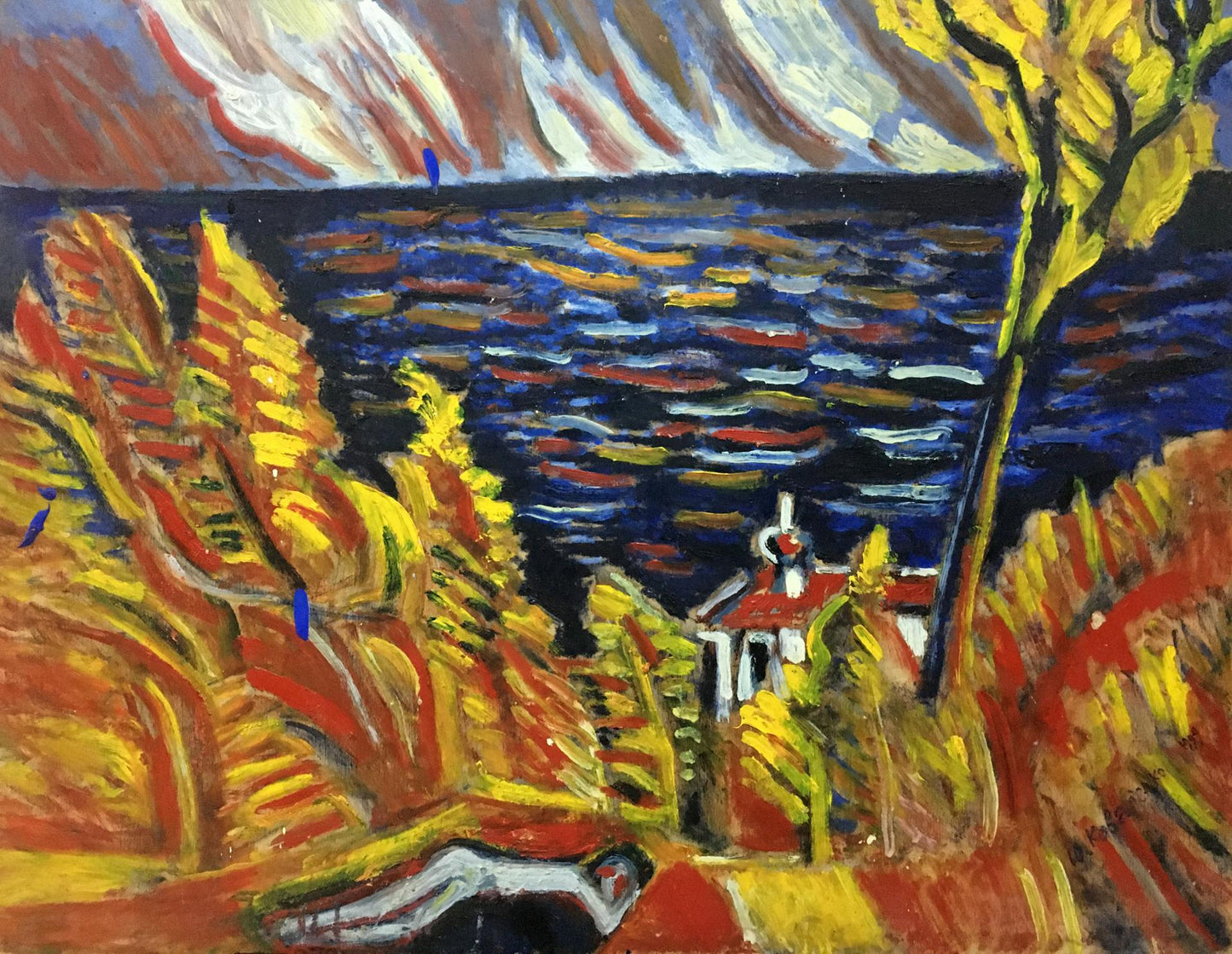 Vibrant autumn oil painting by Kovalenko Yuri Andreevich with foliage and chapel