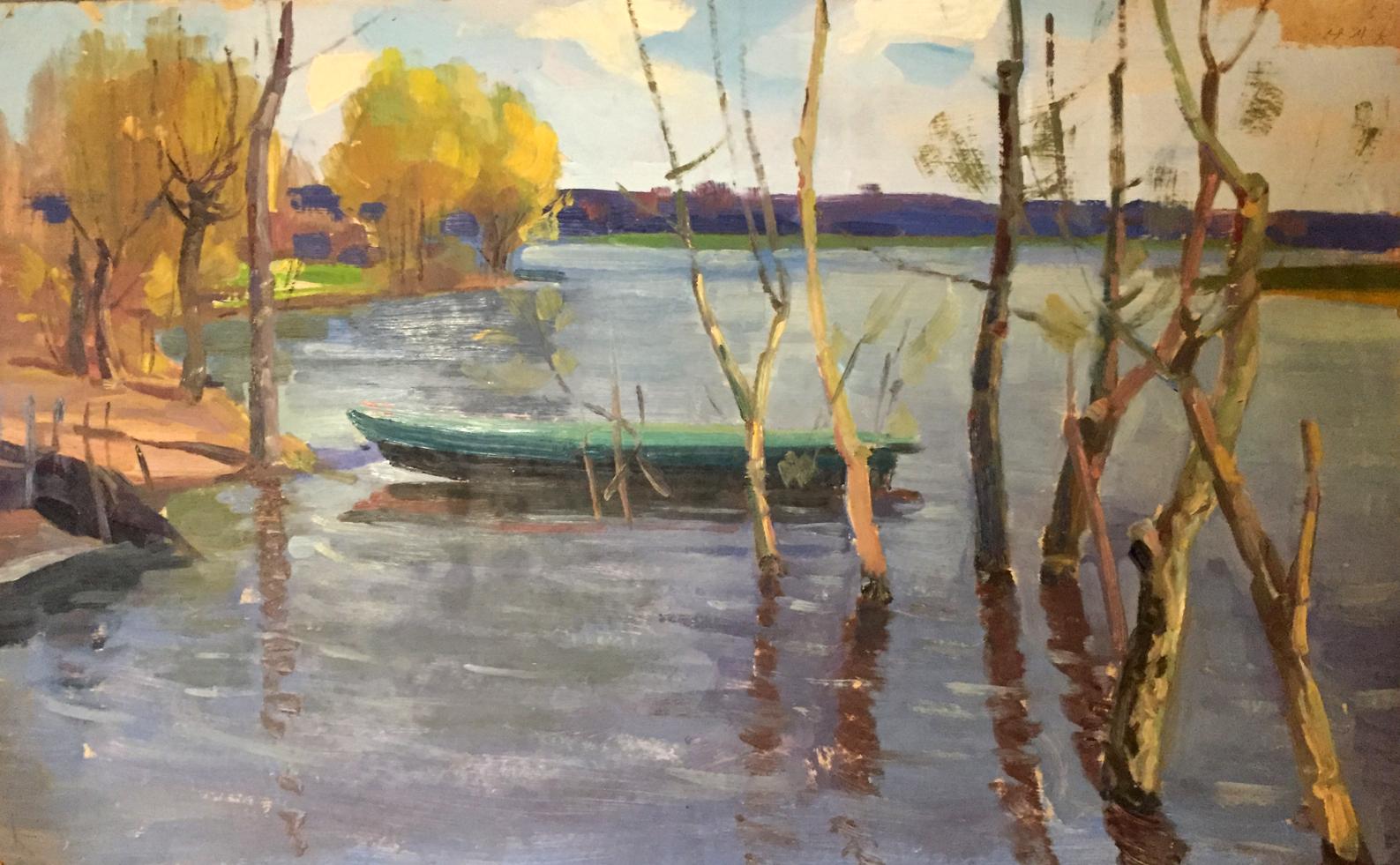 Double oil painting of green rowboat in village water amid bare tree trunks