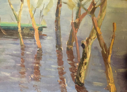 Double oil painting Village: textured yellowish-brown tree trunks in reflective water