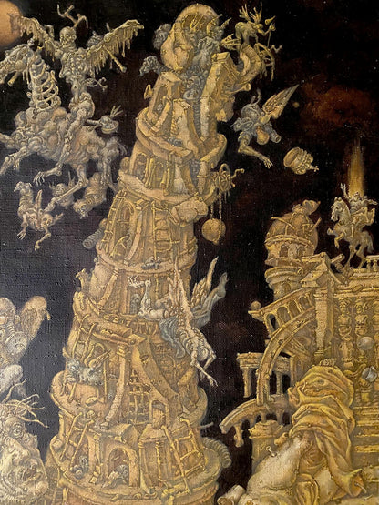 20th century oil painting of golden apocalyptic tower by Oleg Arkad’yevich Saint John Litvinov