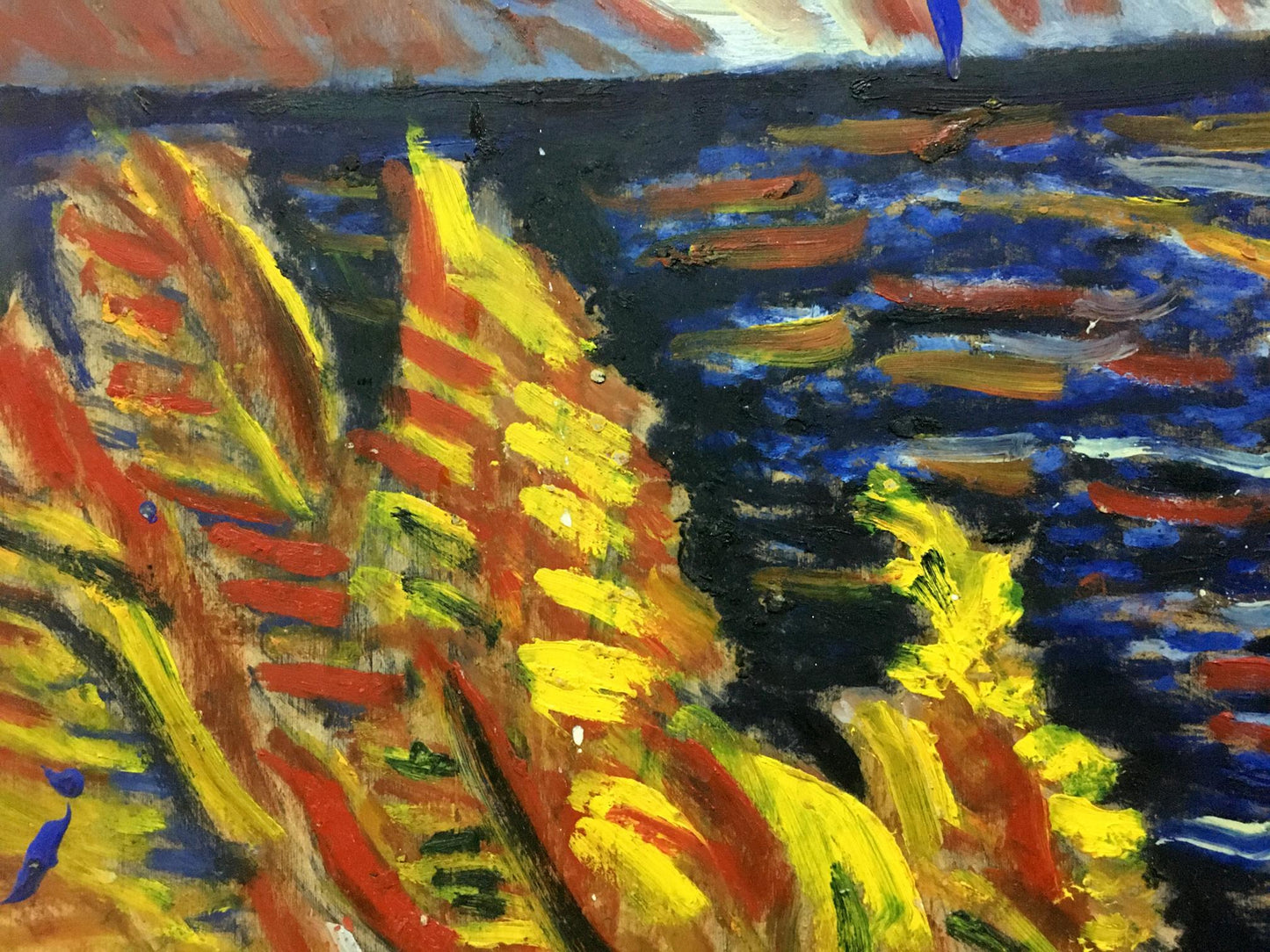 Vibrant abstract painting featuring bold strokes of yellow, red, and blue.
