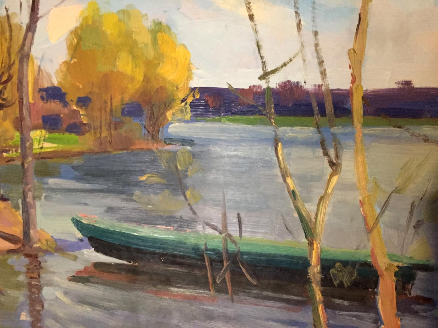 Double oil painting of green canoe on calm water amid autumn trees