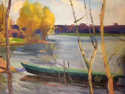 Double oil painting of green canoe on calm water amid autumn trees