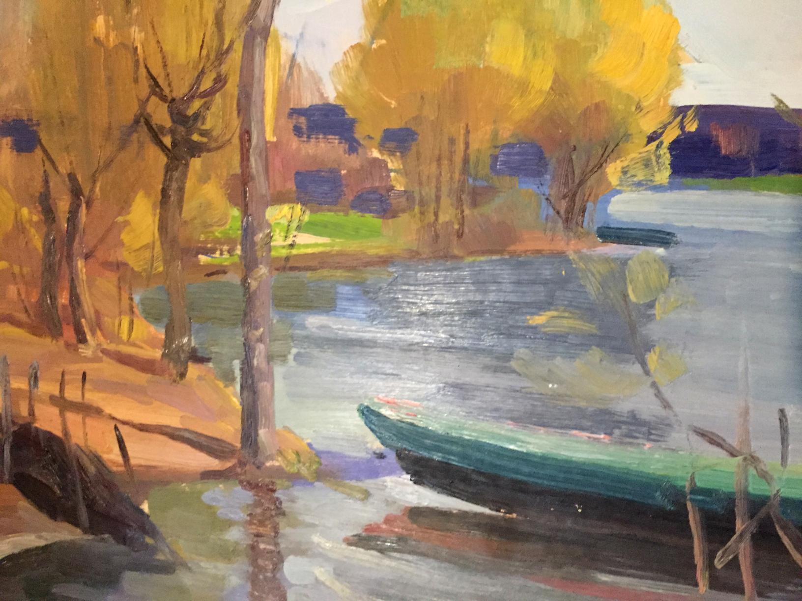Double oil painting of green rowboat on calm water amid autumn trees