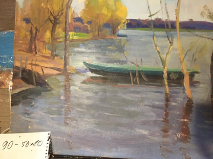 Double oil painting of green canoe in calm water amid autumn bare trees