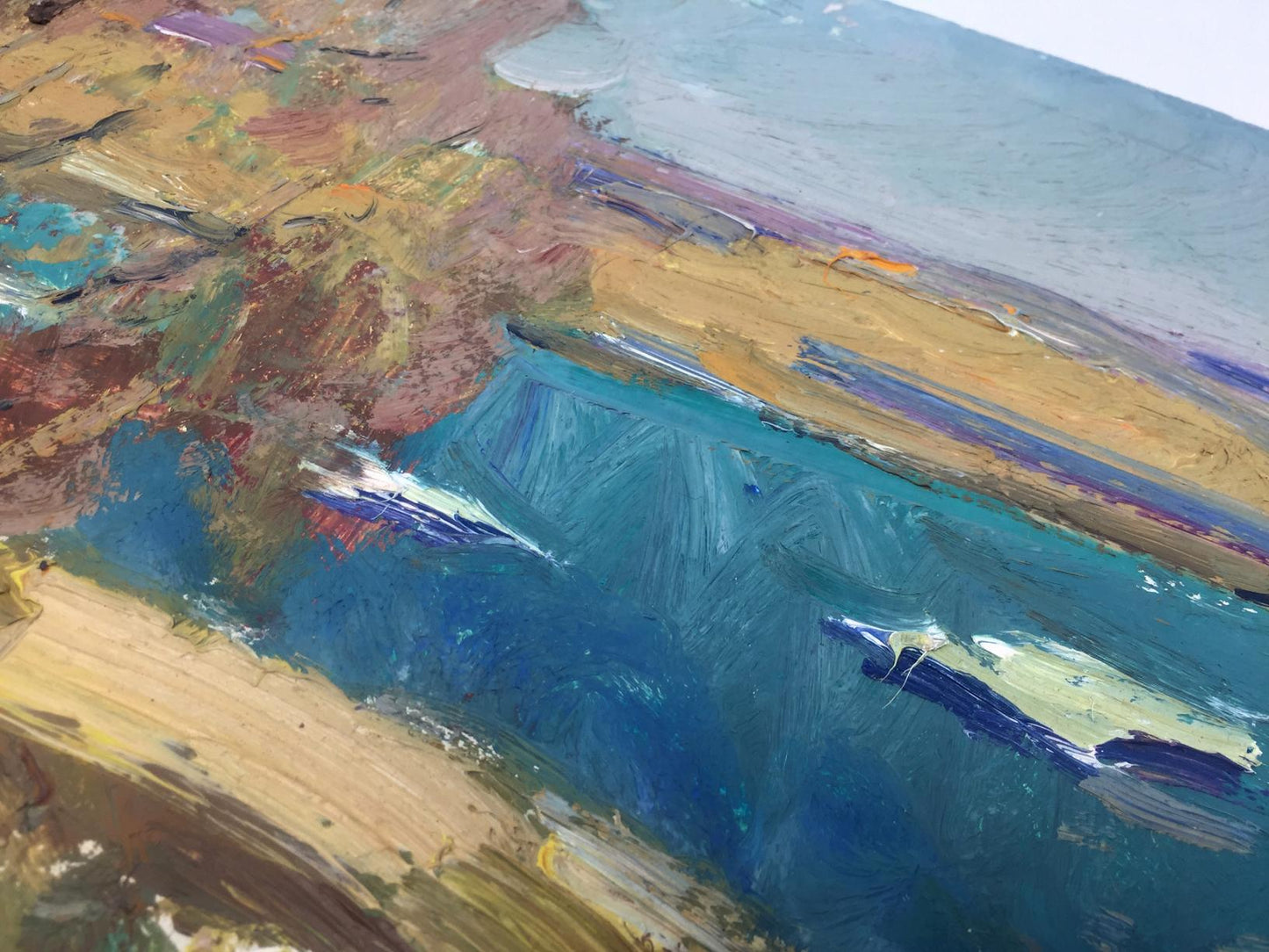 Oil painting River by Viktor Grigoryevich Sevastyanov, teal coastal scene