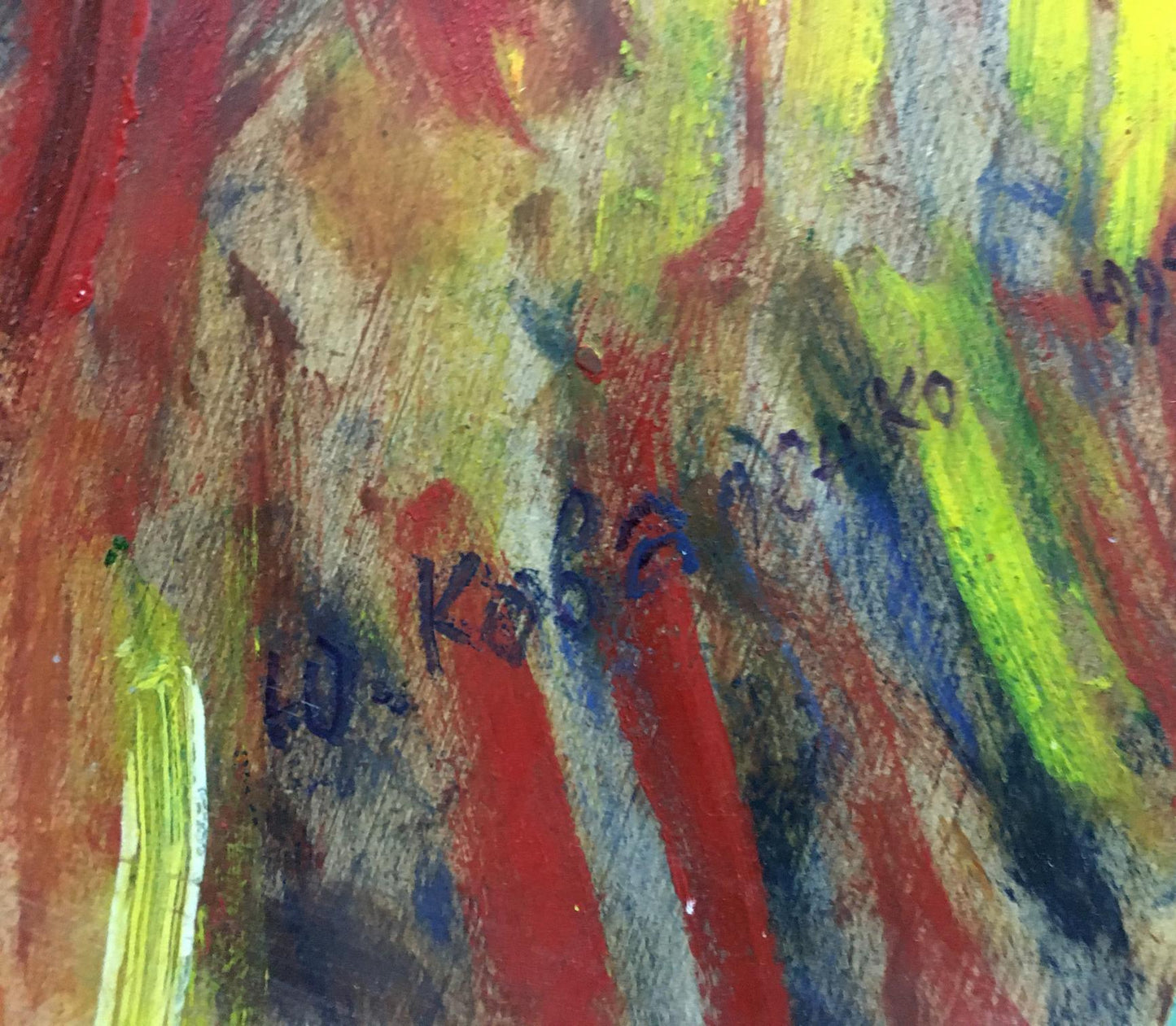 Oil painting Thoughts of the artist Kovalenko Yuri Andreevich with bold red, yellow, green brushstrokes