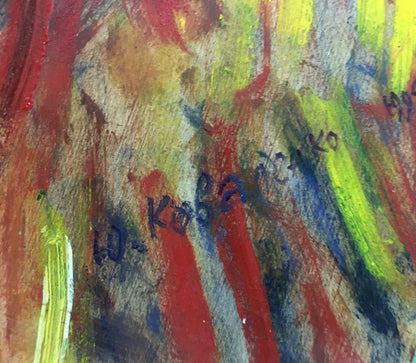 Oil painting Thoughts of the artist Kovalenko Yuri Andreevich with bold red, yellow, green brushstrokes