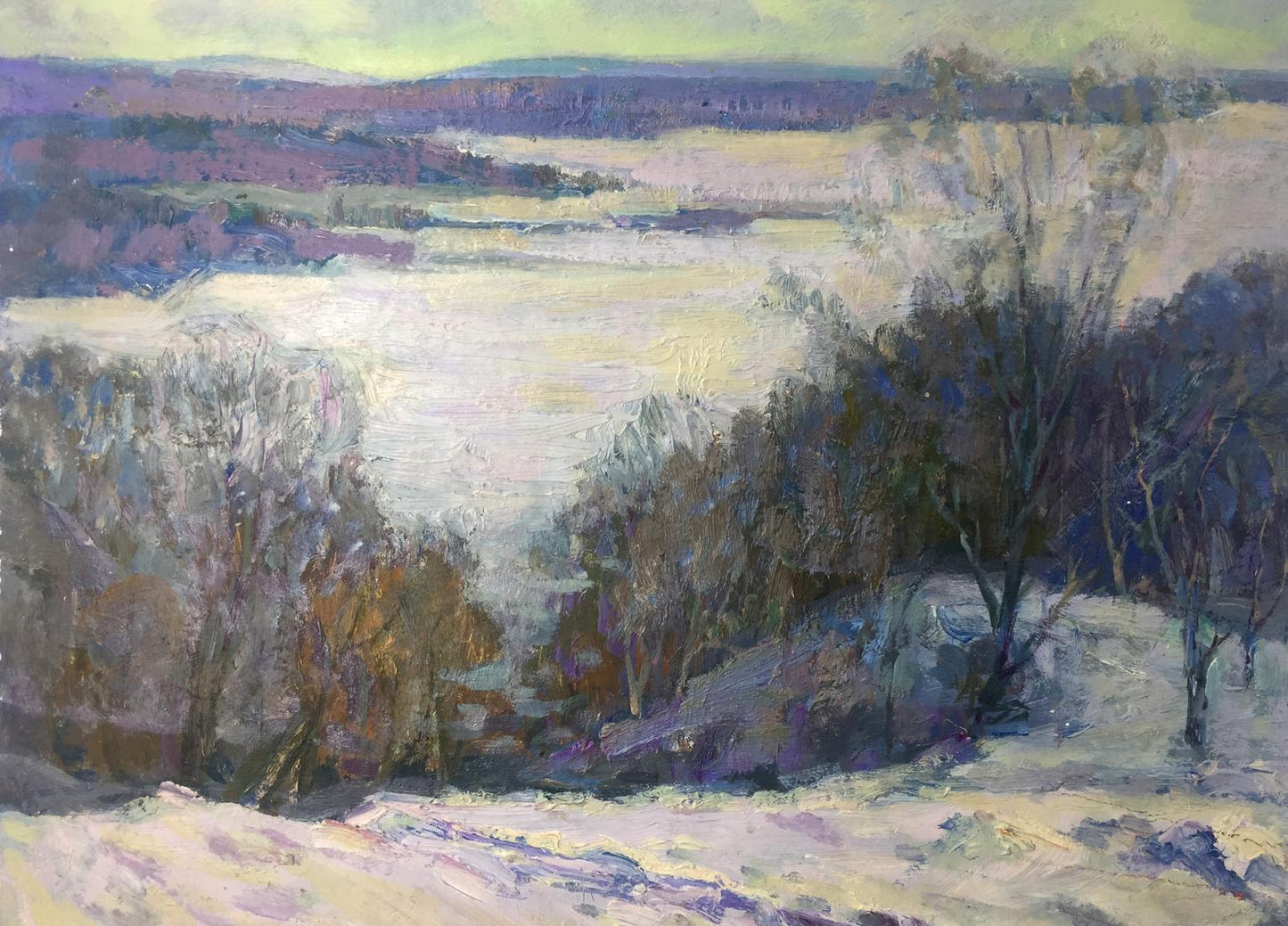 Serene original oil painting of winter landscape with snow fields and hills