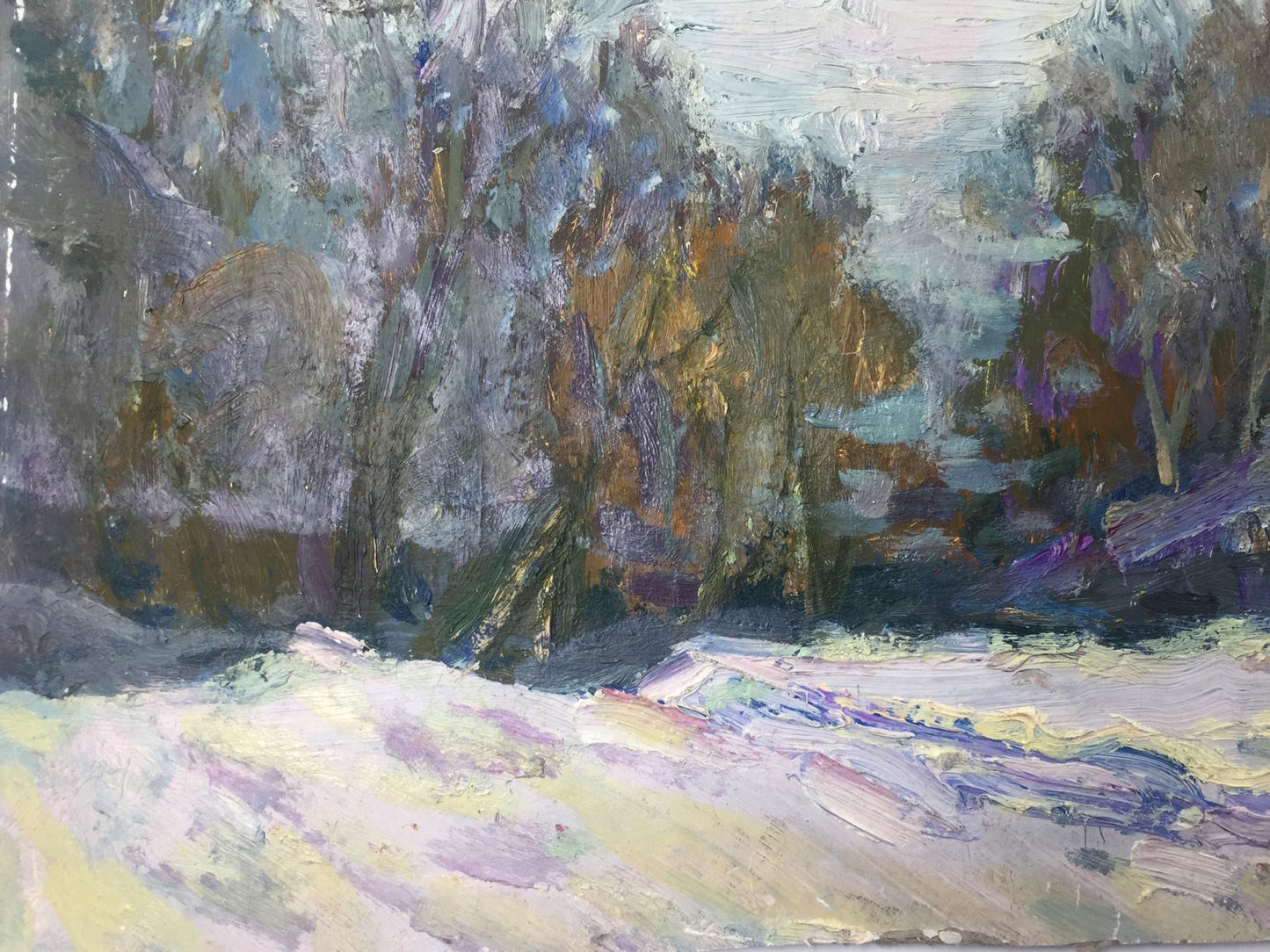 Impressionistic oil painting of snowy winter forest in blues and whites