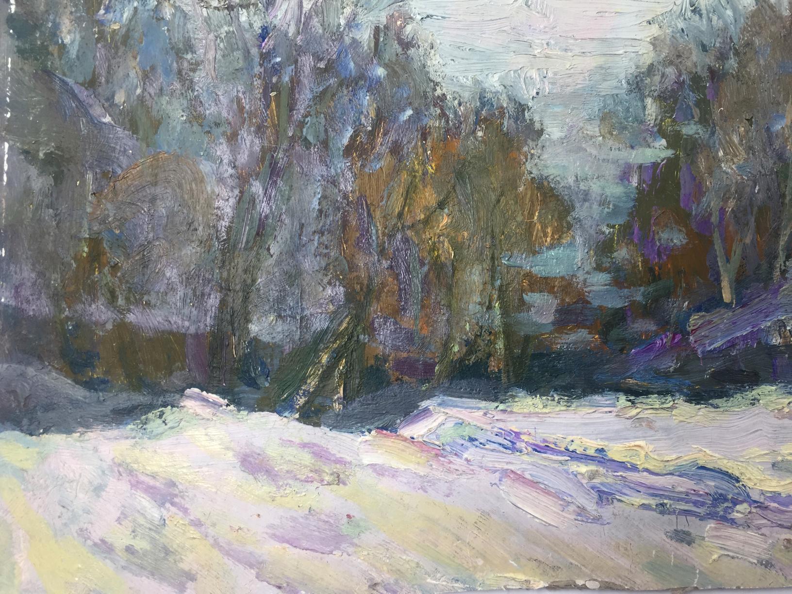 Impressionistic oil painting of snowy winter forest in blues and whites