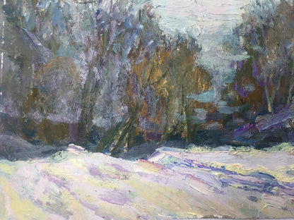 Impressionistic oil painting of snowy winter forest in blues and whites