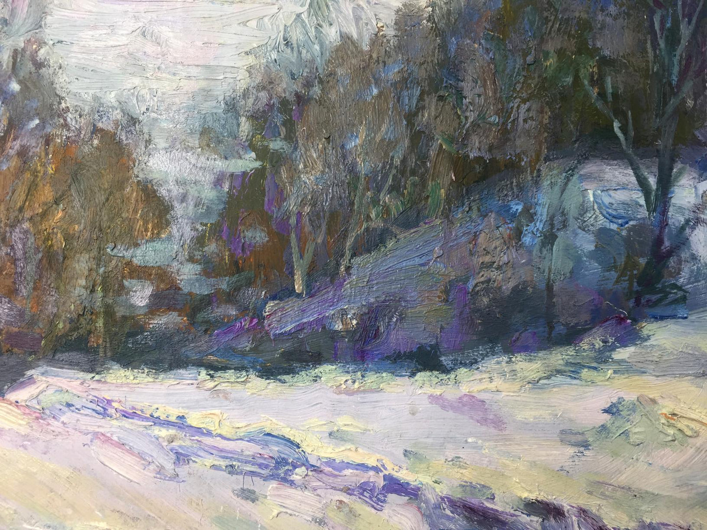 Textured impressionist oil painting of winter wooded hillside in earthy tones