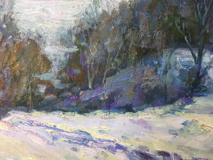 Textured impressionist oil painting of winter wooded hillside in earthy tones