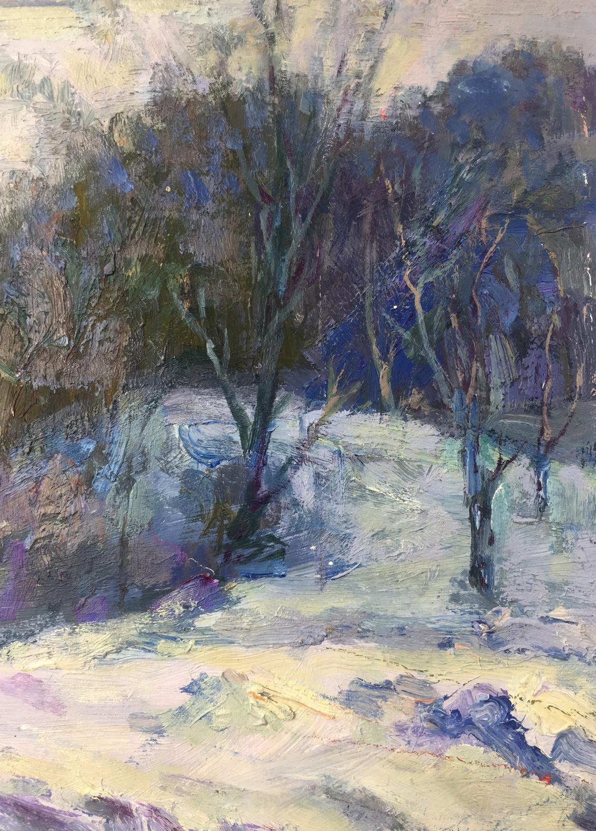 Original oil painting of impressionist snowy landscape in cool blues