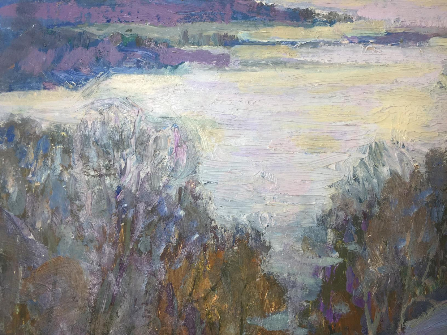 Oil painting Winter Time original abstract landscape in muted purples, yellows, grays