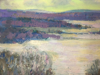 Oil painting Winter Time original: purple green hills under pale yellow sky