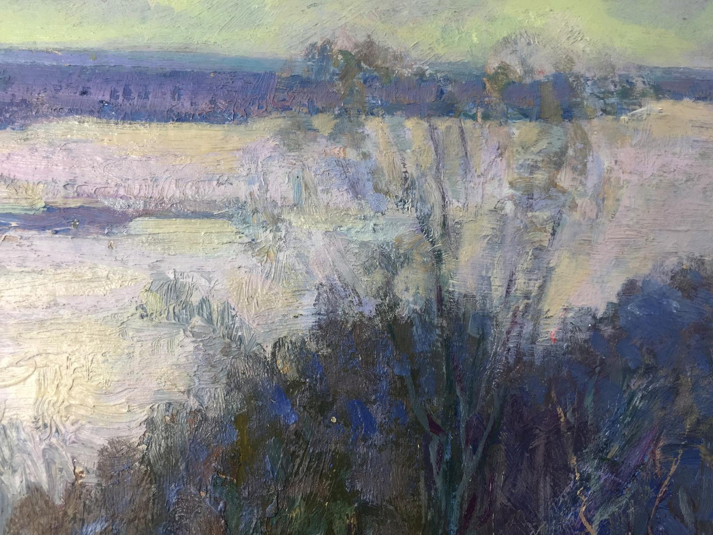 Impressionistic winter oil painting with textured purple, blue, yellow brushstrokes