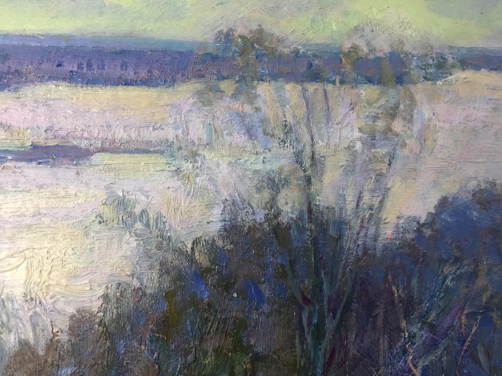 Impressionistic winter oil painting with textured purple, blue, yellow brushstrokes