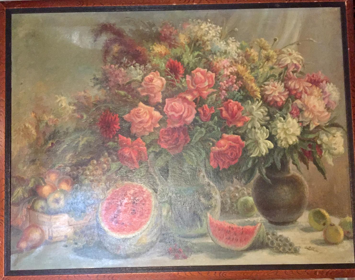 Vibrant oil painting of pink red white roses in ornate vase on laid table