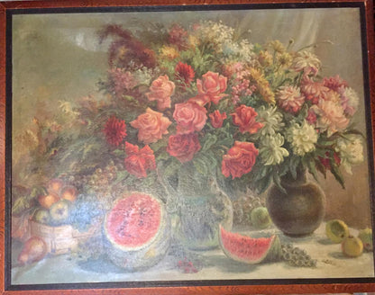 Vibrant oil painting of pink red white roses in ornate vase on laid table