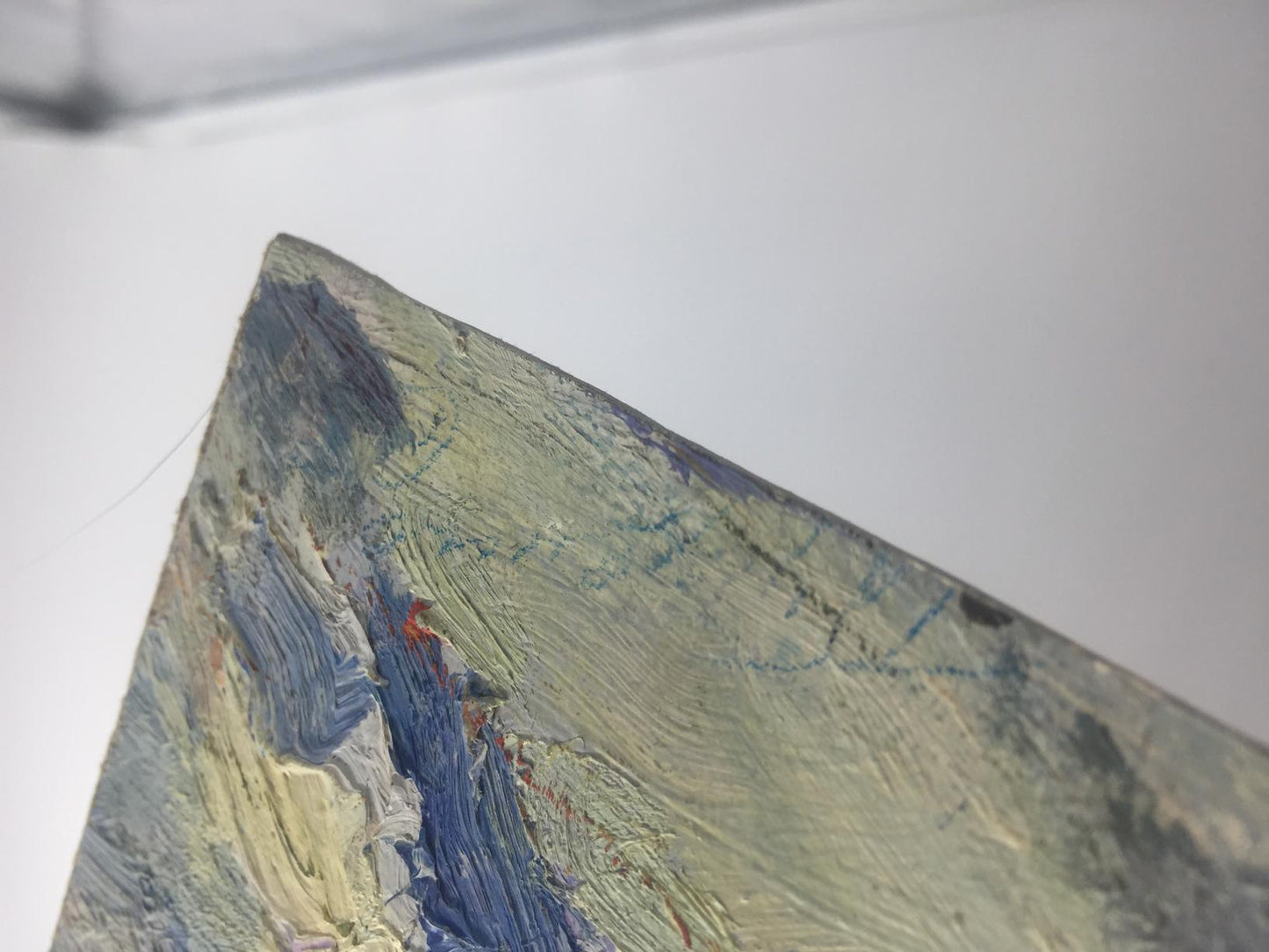 Original winter time oil painting on textured canvas with impasto blue, gray, beige strokes