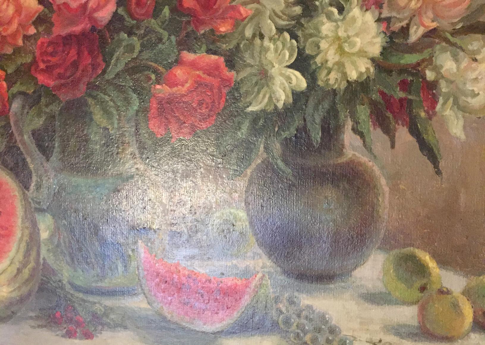 Oil painting Laid table: dark ceramic vase with red and white roses