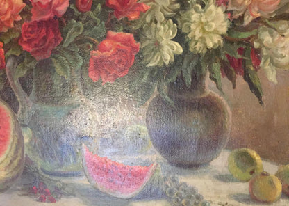 Oil painting Laid table: dark ceramic vase with red and white roses