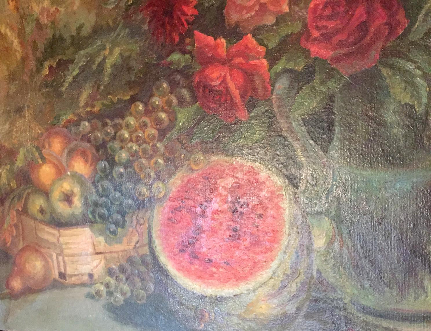 Oil painting of vibrant pink watermelon slice in ornate bowl on laid table