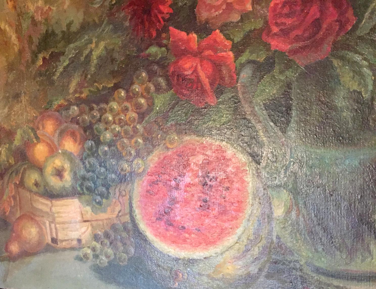 Oil painting of vibrant pink watermelon slice in ornate bowl on laid table