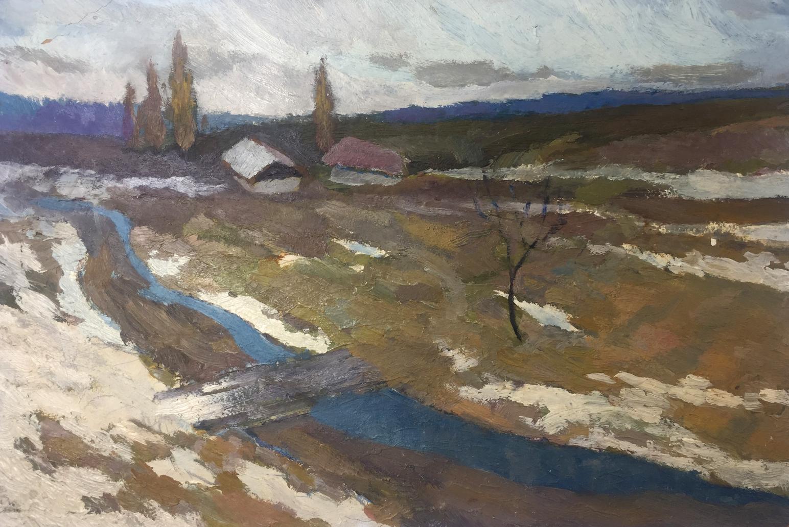 Oil painting Music of Autumn: impressionistic river landscape under cloudy sky