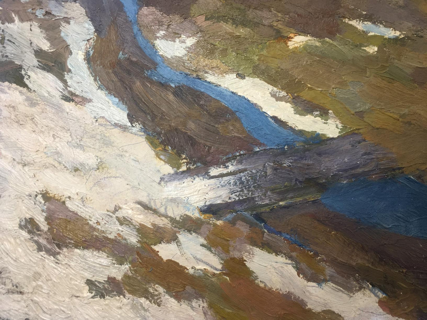 Oil painting Music of Autumn: textured river in earthy impasto tones