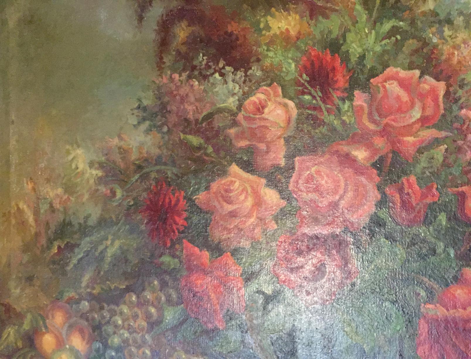 Vibrant impressionist oil painting of pink red roses on laid table