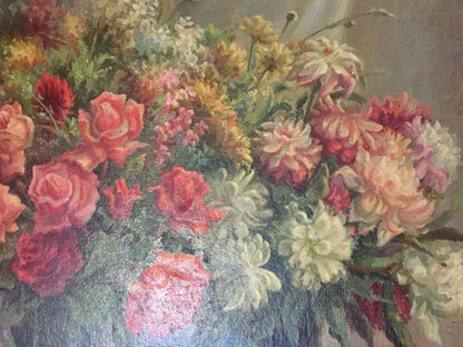 Vibrant oil painting of lush bouquet on laid table in pink, red, white, yellow