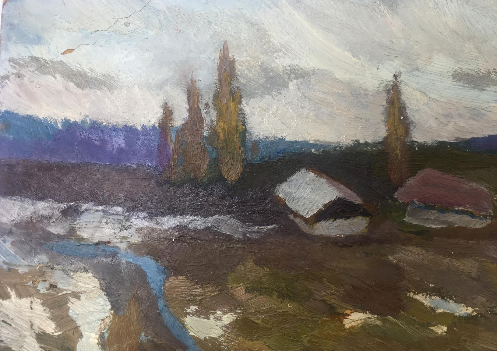 Oil painting Music of Autumn: impressionistic trees, rustic buildings, cloudy sky