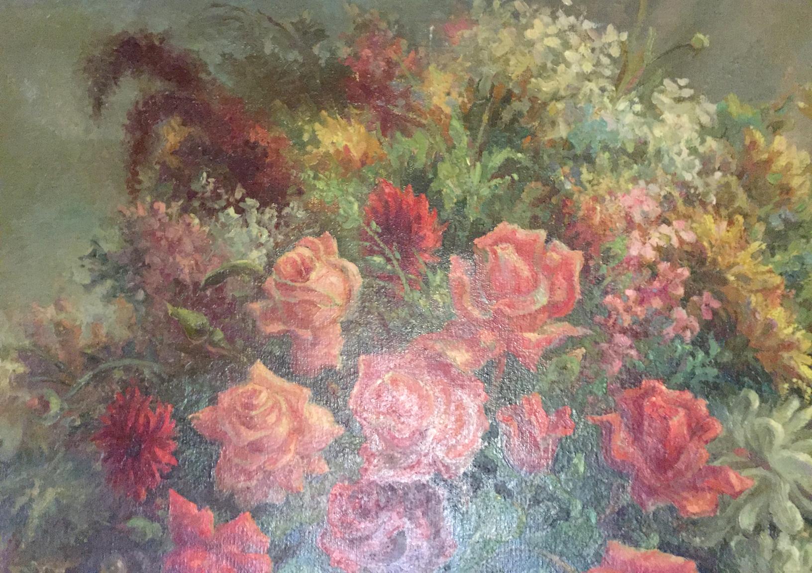 Oil painting Laid table: lush pink red roses bouquet in vibrant colors