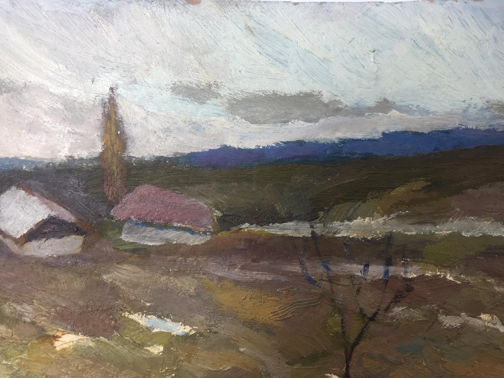Oil painting Music of Autumn: textured rural landscape with hills