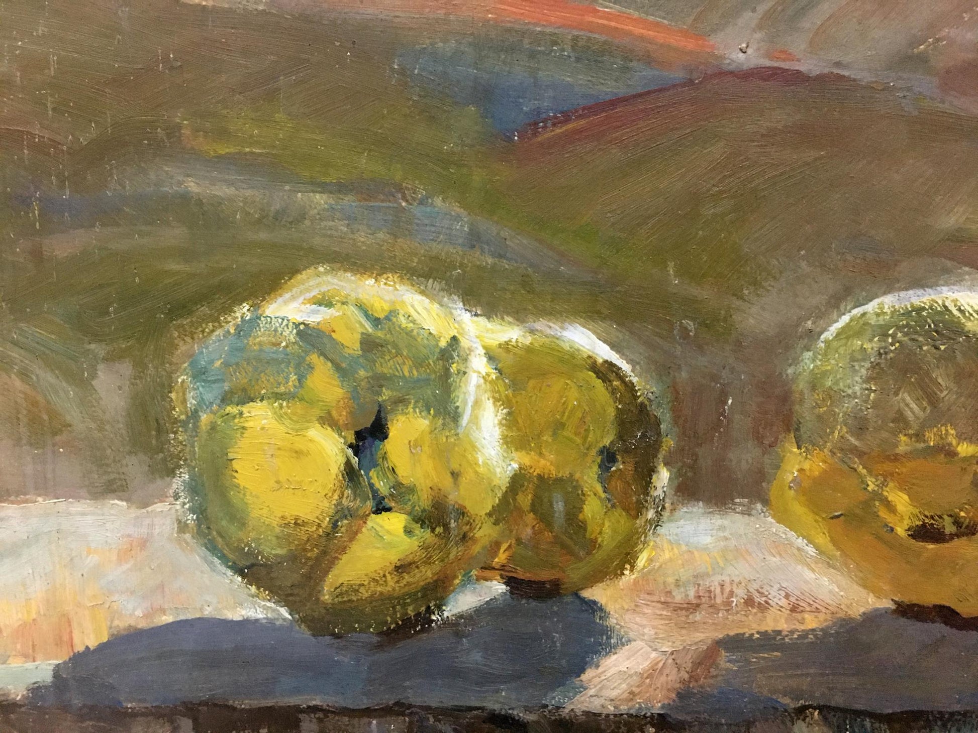 Oil painting of C.n bouquet by Mirel Yakovlevna Shaginyan with yellow-green apples
