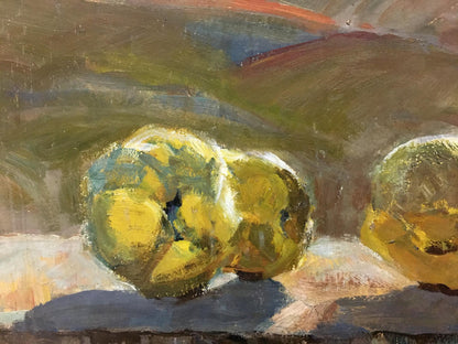 Oil painting of C.n bouquet by Mirel Yakovlevna Shaginyan with yellow-green apples