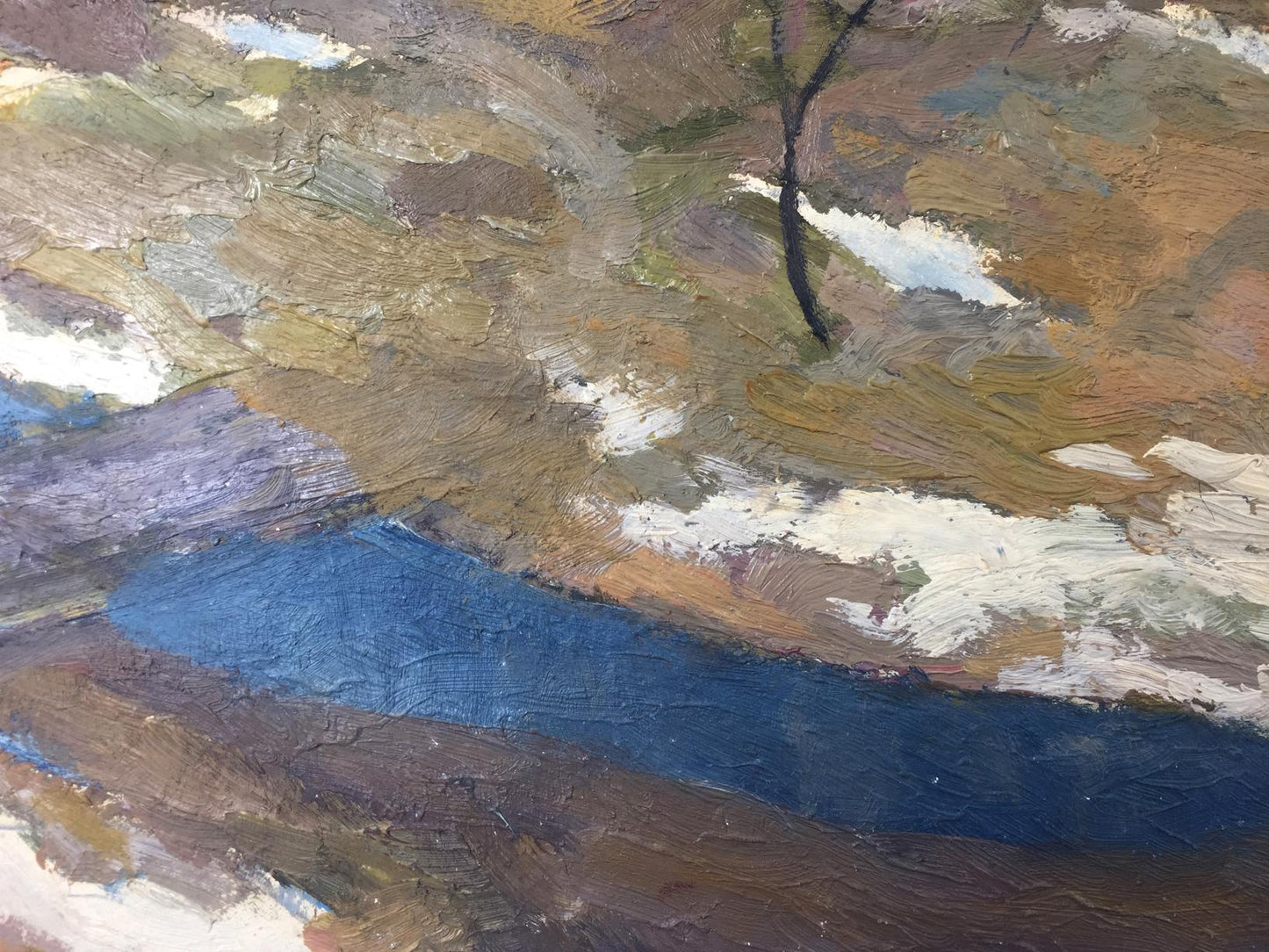 Oil painting Music of Autumn: winding blue river, green hills with snow, tree silhouette
