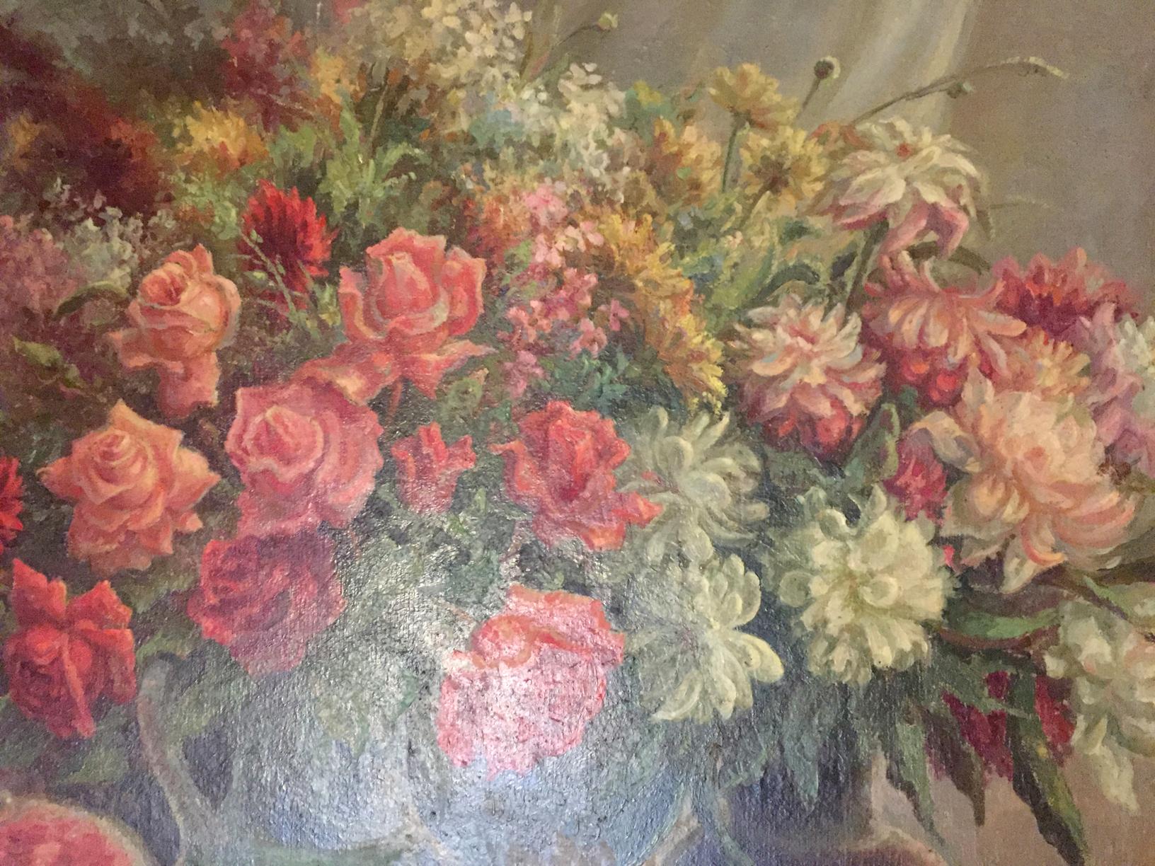 Oil painting Laid table with vibrant roses and chrysanthemums bouquet in ceramic vase